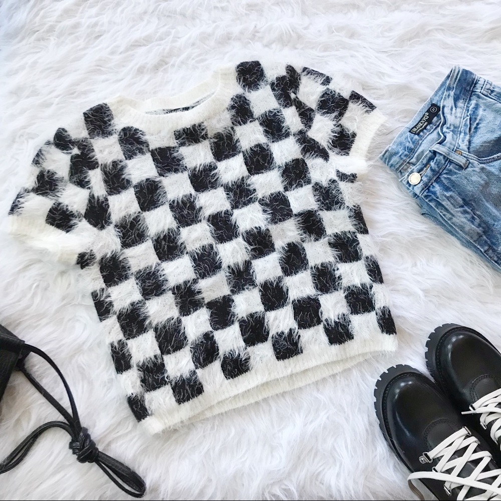 Forever 21 Fuzzy Checker-Print Sweater Top